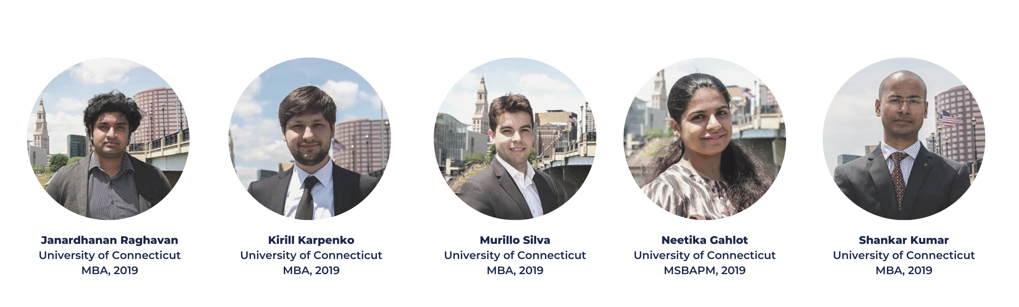 Headshots of 2018 verge consultants Janardhanan Raghavan, Kirill Karpenko, Murillo Silva, Neetika Cahlot, and Shankar Kumar