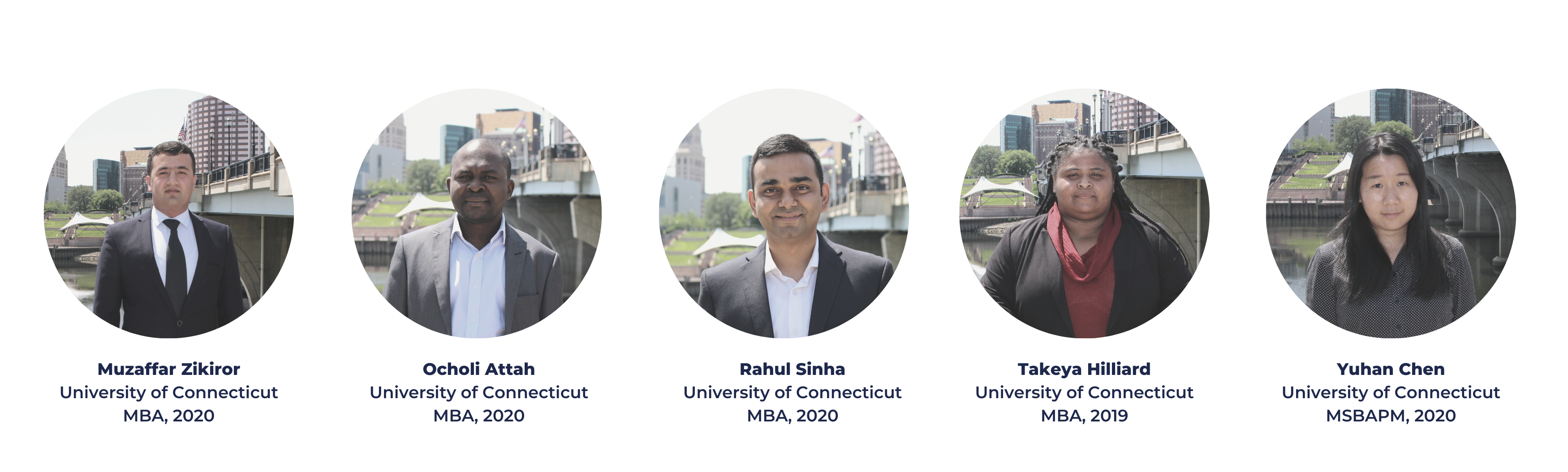 Headshots of 2019 Verge Consultants Muzaffar Zikiror, Ocholi Attah, Rahul Sinha,
Takeya Hilliard, Yuhan Chen