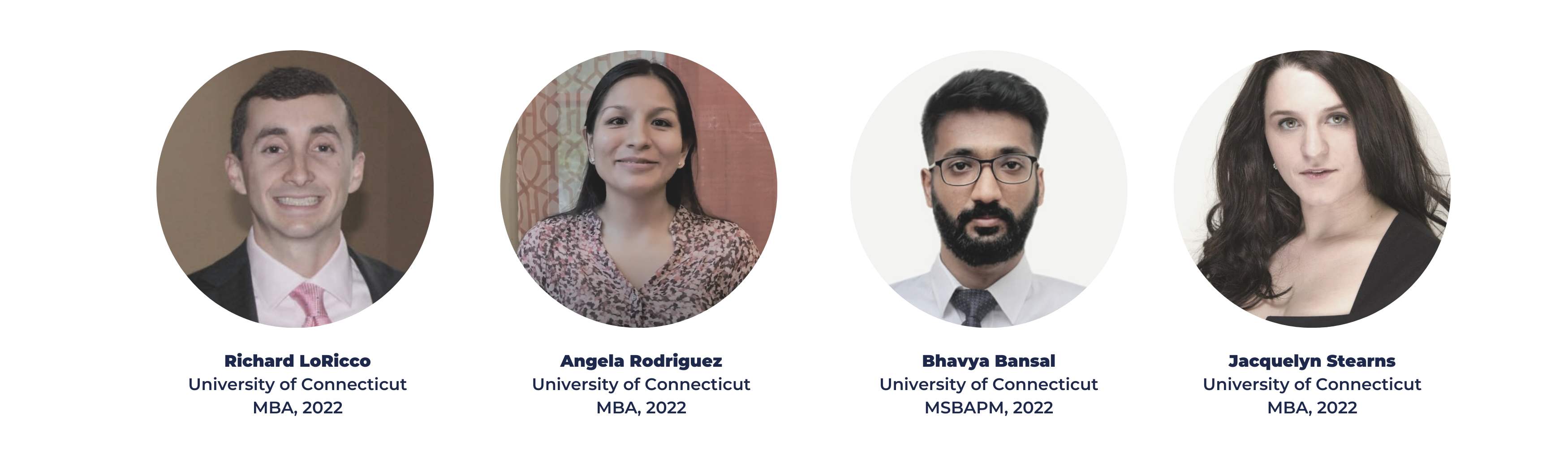Headshots of 2021 verge consultants Richard LoRicco, Angela Rodriguez, Bhavya Bansal, and Jacquelyn Stearns