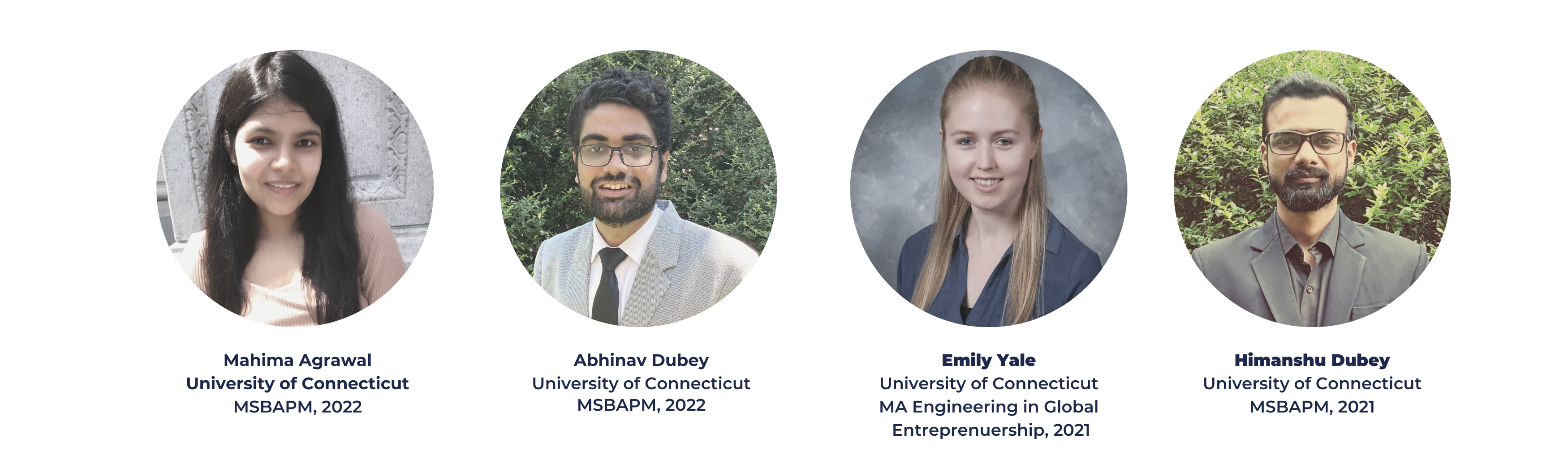 Headshots of 2021 verge consultants Mahima Agrawal, Abhinav Dubey, Emily Yale, and Himanshu Dube