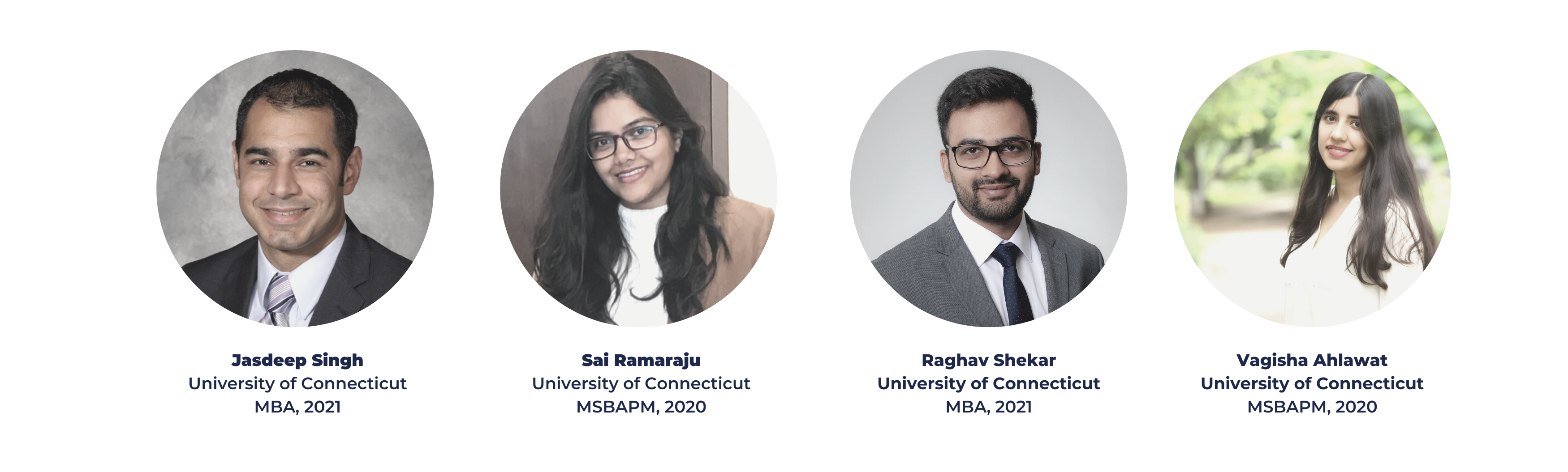 Headshots of 2020 verge consultants Jasdeep Singh, Sai Ramaraju, Raghav Shekar, and Vagisha Ahlawat