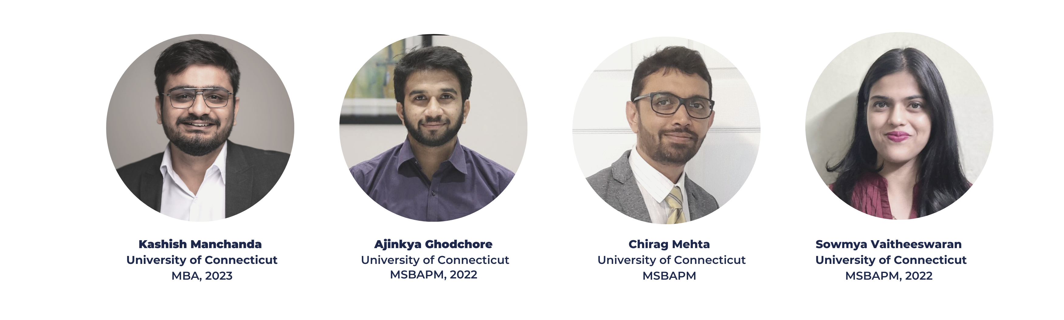 Headshots of 2022 verge consultants Kashish Manchanda, Ajinkya Ghodchore, Chirag Mehta, and Sowmya Vaitheeswaran