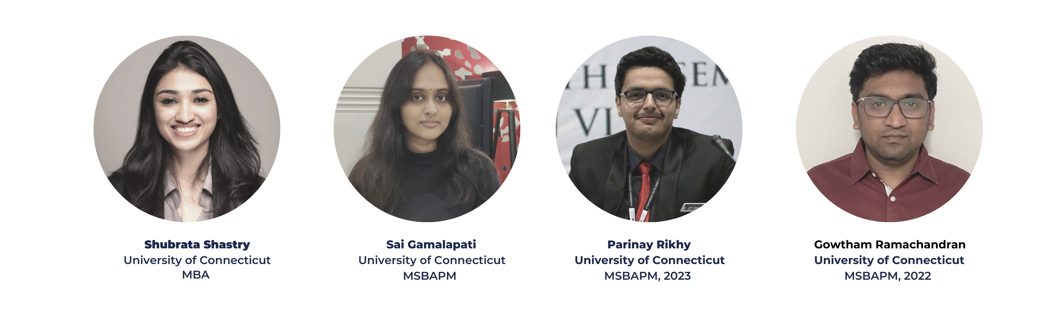 Headshots of 2022 verge consultants Shubrata Shastry, Sai Gamalapati, Parinay Rikhy, and Gowtham Ramachandran