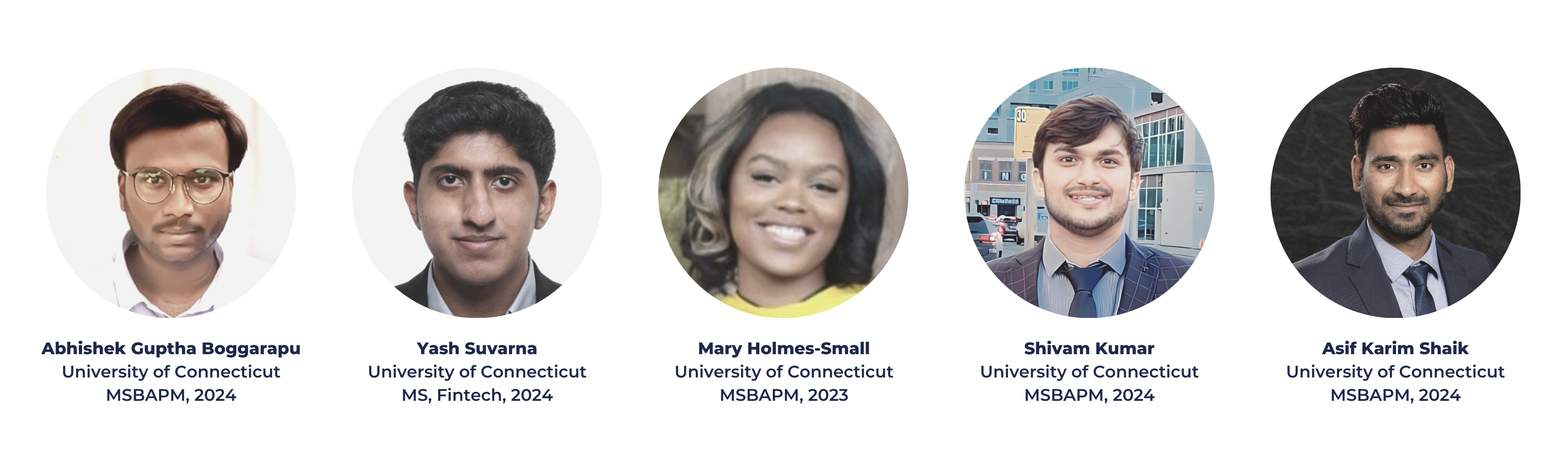 Headshots of 2023 verge consultants Abhishek Guptha Boggarapu, Yash Suvarna, Mary Holmes-Small, Shivam Kumar, and Asif Karim Shaik